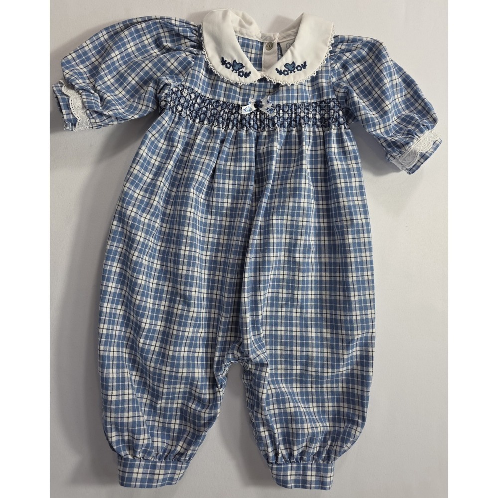 Vintage Carters Baby Romper 3-6M Blue Plaid Smocked USA Classic 80s Outfit